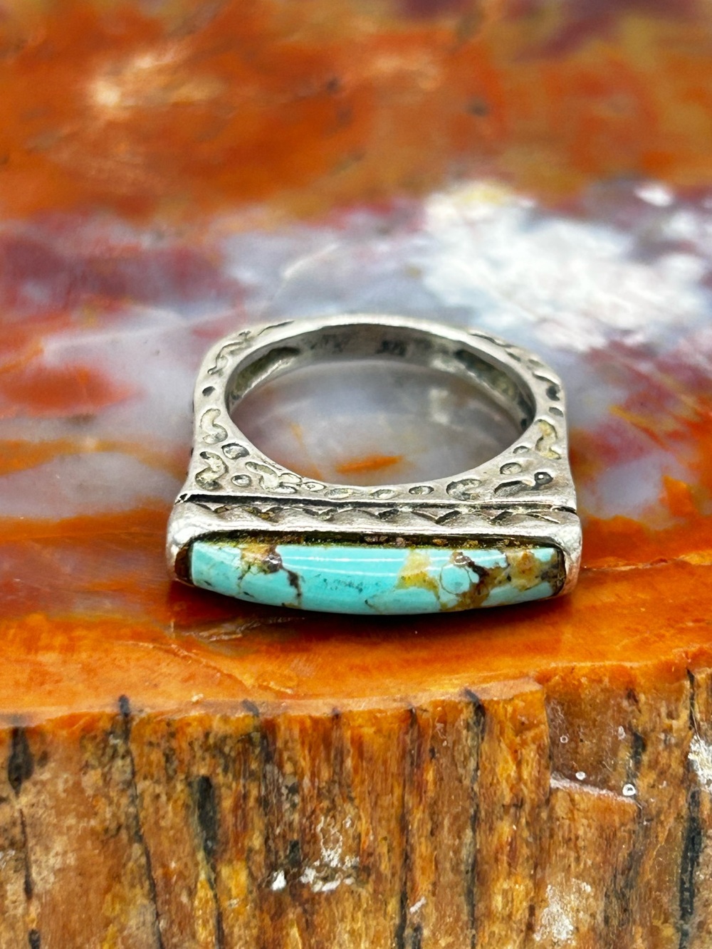 Distressed Sterling Silver Turquoise Ring - Size 6.5